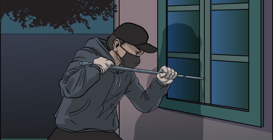 Illustration of burglar forcing entry through a window in Dallas
