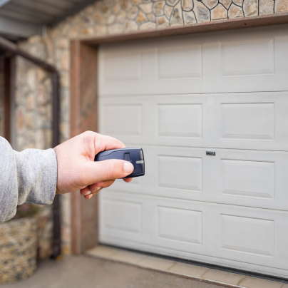 Dallas security key fob pointing to a garage door